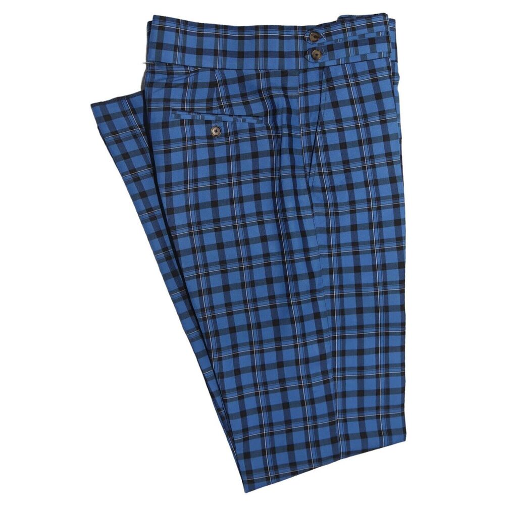 Mens Gurkha Pants Blue Plaid Check Slim High Waist Flat Front Dress Trousers 36